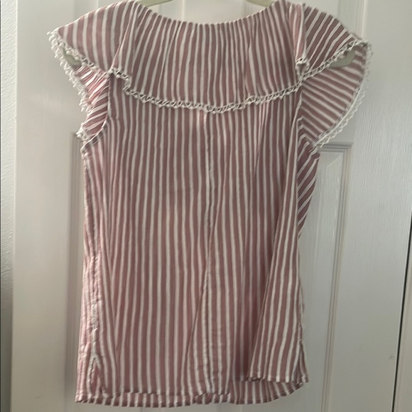 Loft Red Flutter Sleeve Blouse with Ruffled Bib Collar - Picture 3 of 5